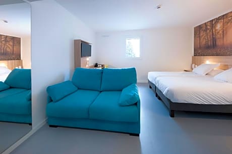 Family Room with 2 simple beds and 1 double sofa bed