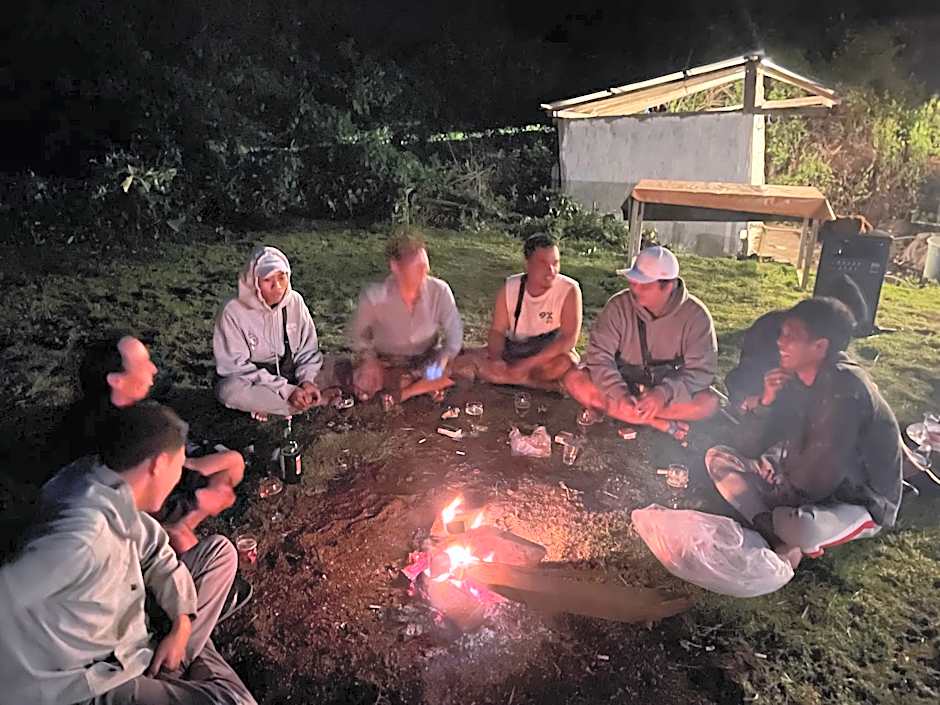 Triangular house and hot spring