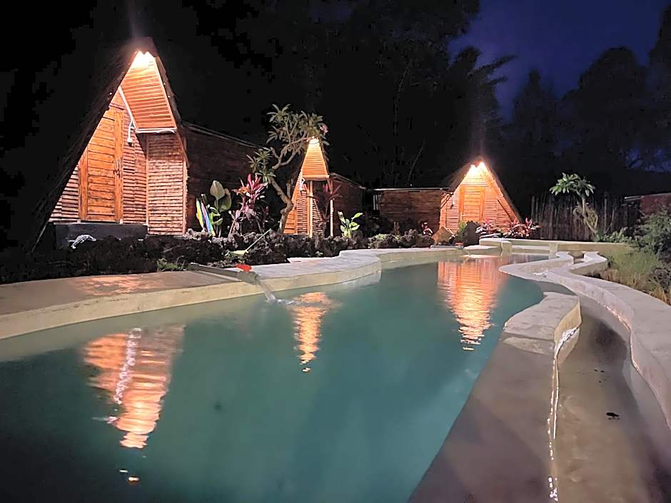 Triangular house and hot spring