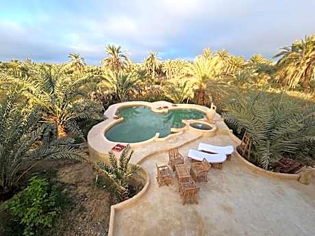 Paradise in a palm forest with pool and fire pit.