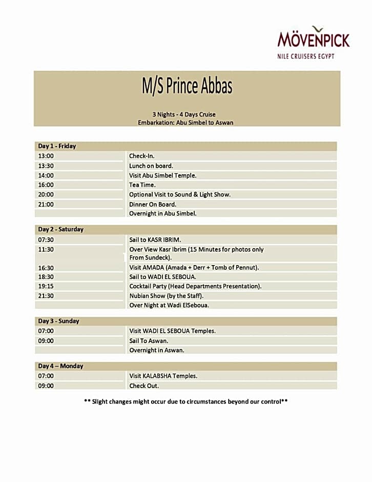 Mövenpick Prince Abbas Lake Nasser Cruise, Every Monday Four Nights From Aswan, Every Friday Three nights From Abu-Simbel - Including Excursions and Sightseeing