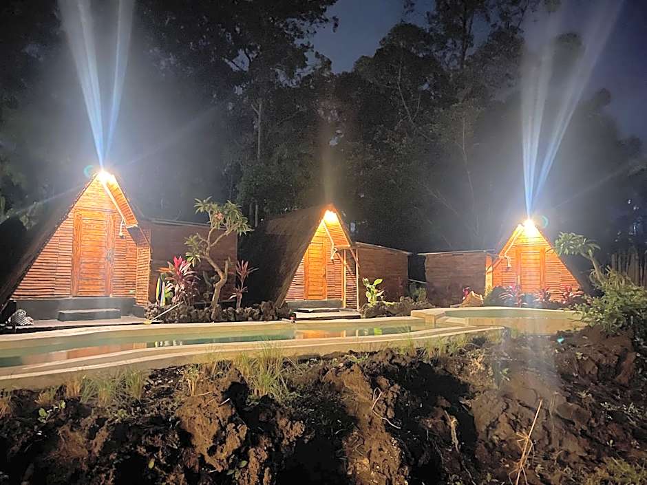 Triangular house and hot spring