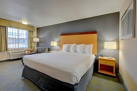 1 king bed, non-smoking, pet friendly room, microwave and refrigerator, continental breakfast