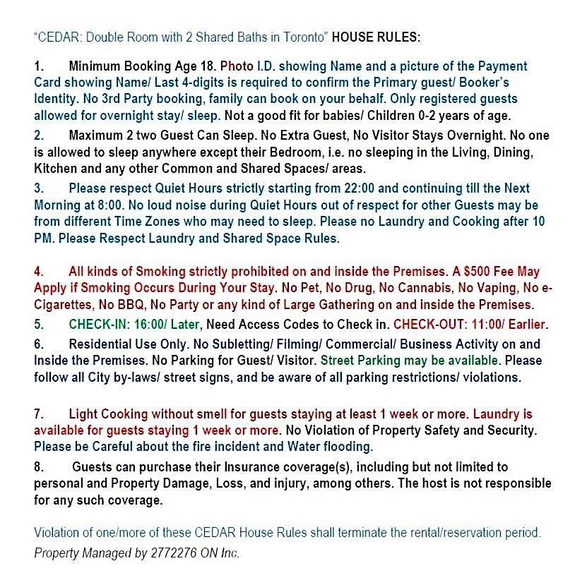 CEDAR Double Room with attached private Bathroom and Balcony in Toronto, ON, Canada