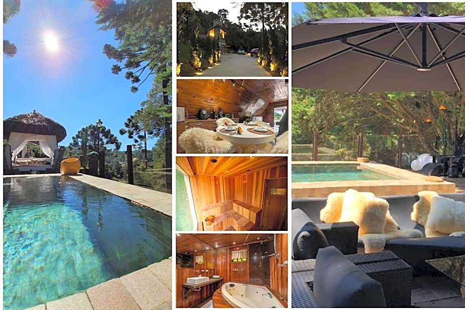 Chalét com jacuzzi sauna lareira e telao cinema