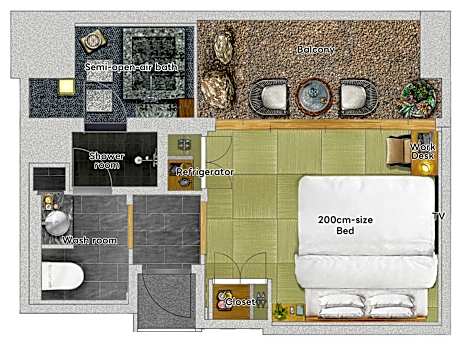Japanese style King Bed Room with Partially Open - Air Bath Upper floors