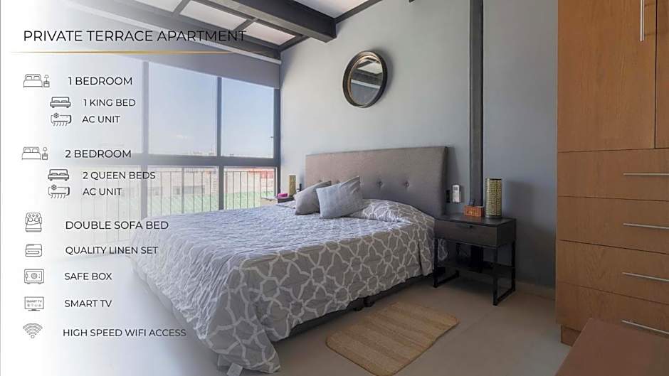 2Ph Large 2Brm 3 bath AC private terrace apt