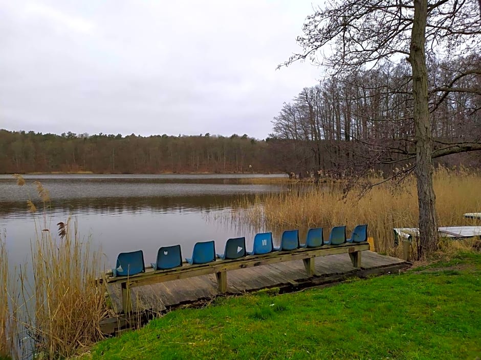 Szary domek nad jeziorem