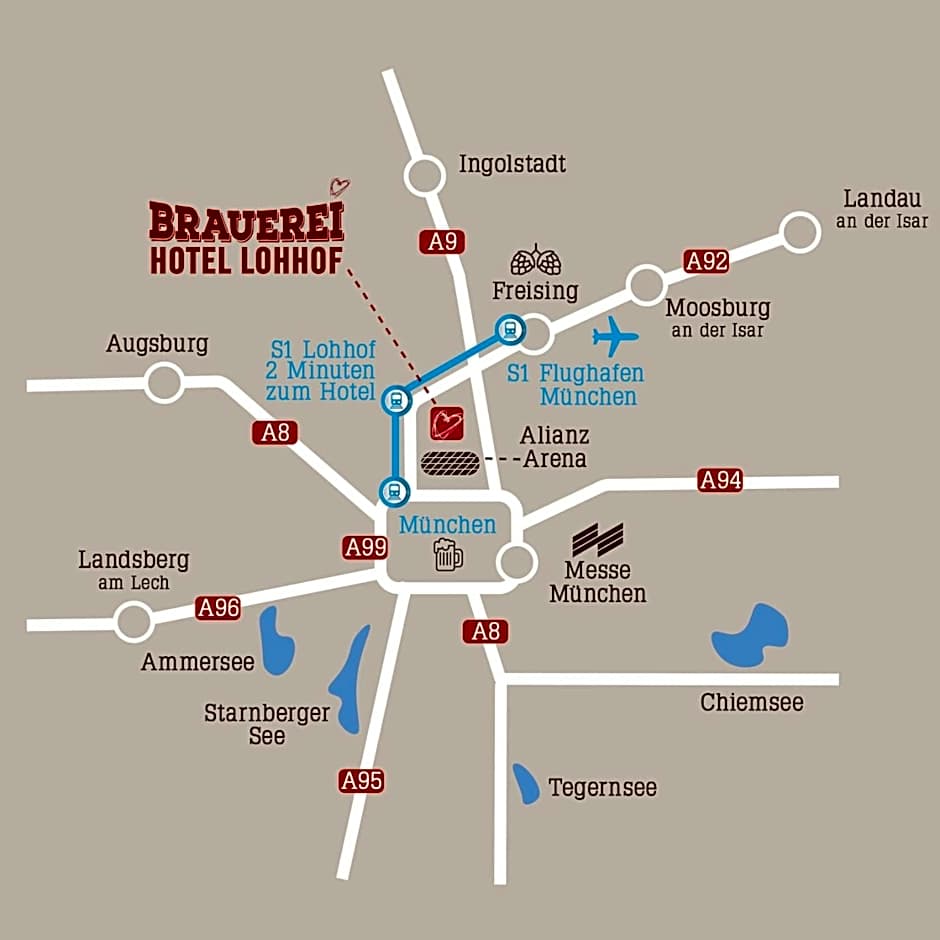 Brauerei Gasthaus Lohhof im Münchner Norden, direkt an der S1, nähe vom Flughafen, Zentrum, A92, Allianz Arena, Ruderregatta und Schießanlage G- Hochbrück entfernt, Internationale Küche