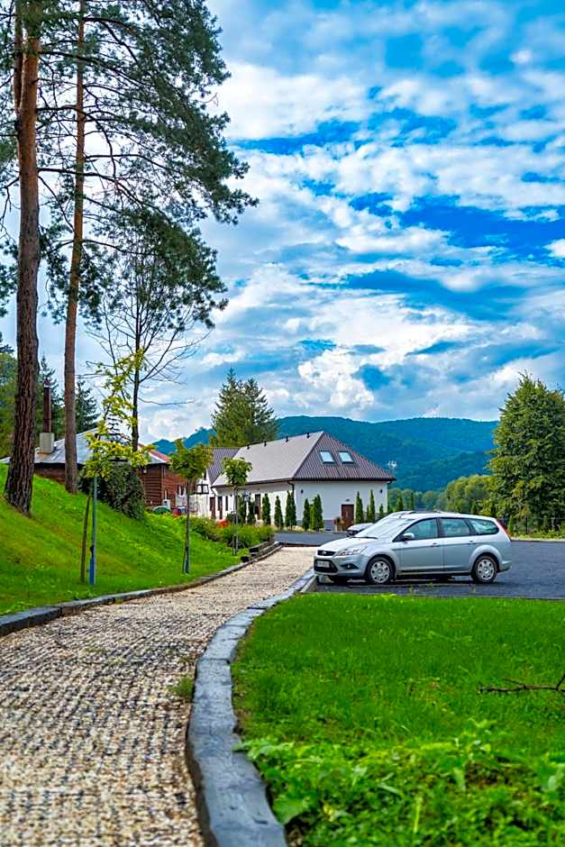 Przystań nad Sanem z widokiem na góry i rzekę