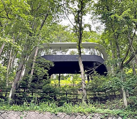 Karuizawa House A unique design house protruding from the slope, utilizing the terrain as it is
