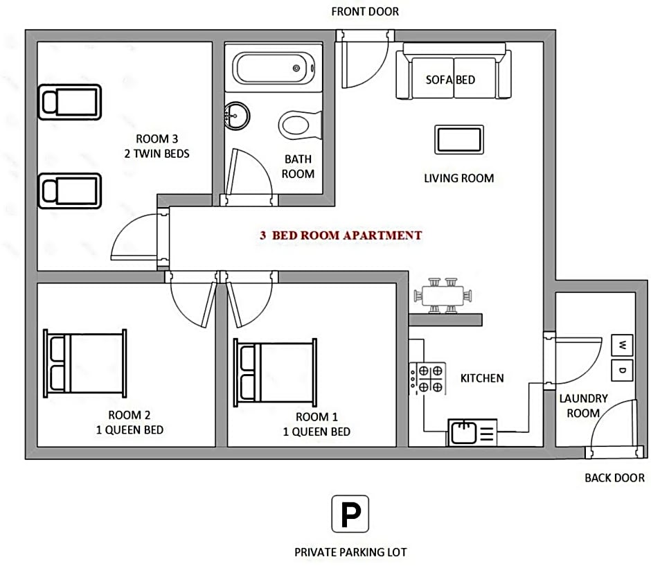 1 or 3 Bedroom Apartment with Full Kitchen