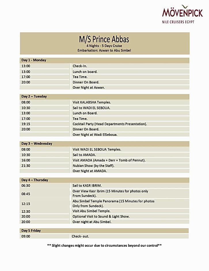 Mövenpick Prince Abbas Lake Nasser Cruise, Every Monday Four Nights From Aswan, Every Friday Three nights From Abu-Simbel - Including Excursions and Sightseeing