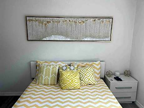 Room in smart home with pond view