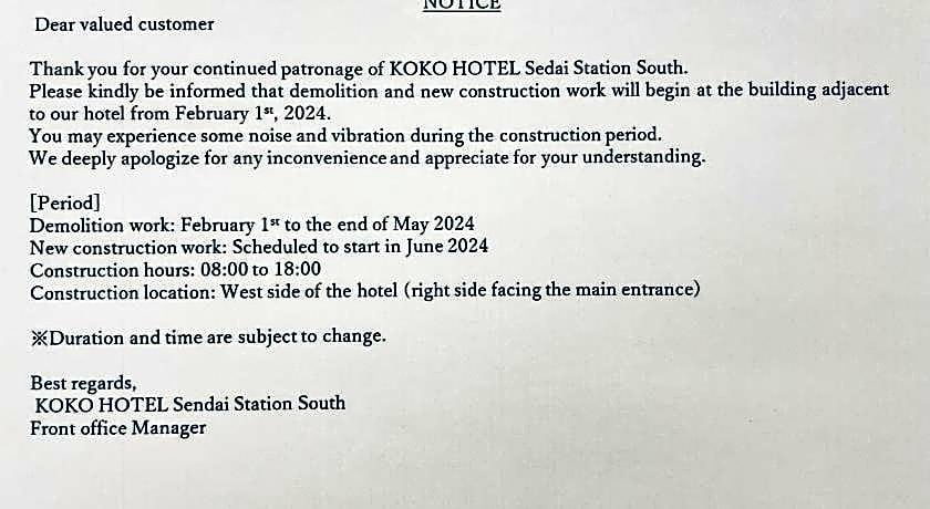 KOKO HOTEL Sendai Station South